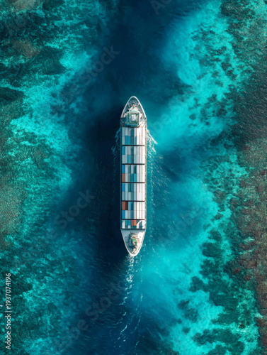 aerial view of a lone cargo ship in the center of a vast, calm turquoise ocean. The water is crystal clear, showing subtle variations in depth and light. The ship is loaded with grey and white 