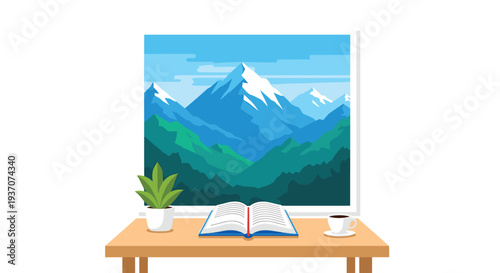 A window overlooks mountains with a book and coffee on a table.