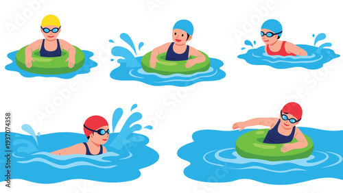 Group of children and adults wearing goggles and swim caps enjoying swimming in the water with green inner tubes on white background.