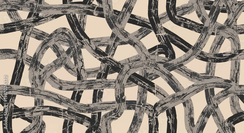 A complex arrangement of intertwined metal chains on a beige background.