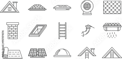 Collection of line icons representing roofing services and house construction including shingles, solar panels, skylights, chimneys, gutters, ladders, vents, and attic insulation symbols.
