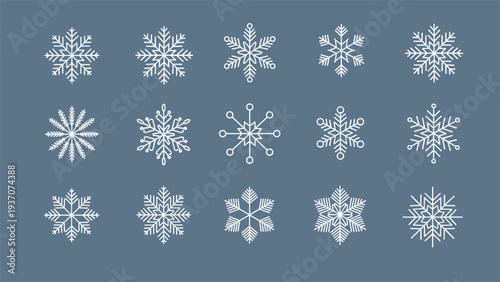 Collection of fifteen unique white snowflake icons isolated on a blue background for winter holiday decorations and festive designs.