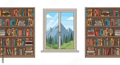 A window with mountain view is flanked by two bookshelves.