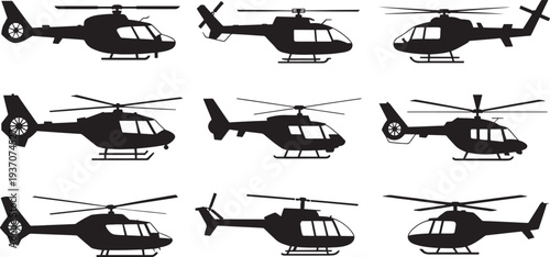 Black and white helicopters in various positions and orientations aviation transport