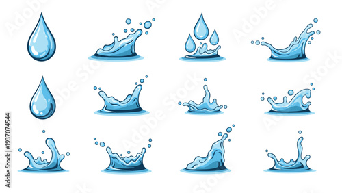 Set of twelve detailed water splash and blue droplet illustrations showing various stages of liquid movement and surface impact.