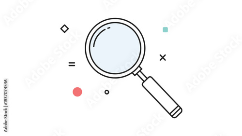 Simple magnifying glass icon used for searching or inspecting details surrounded by small colorful geometric shapes and symbols.