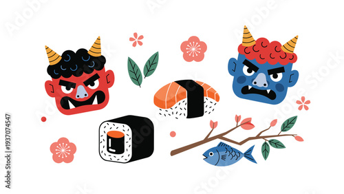 Traditional Japanese Oni masks in red and blue colors surrounded by sushi rolls, nigiri, cherry blossoms, and a small fish.