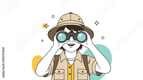 Young person wearing a safari hat and backpack looking curiously through binoculars with colorful abstract shapes in the background.