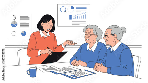 Young female professional explaining important documents and charts to an elderly couple sitting at a table in a bright office.