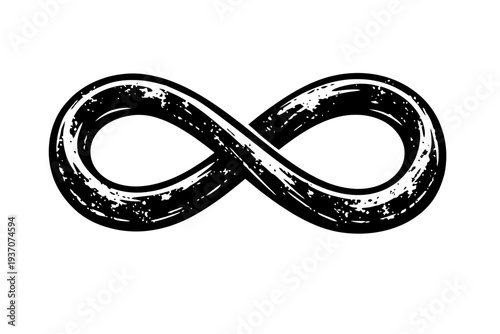 Distressed Black Infinity Symbol Vector Art: Grunge Brushstroke Texture Endless Loop Design, Abstract Monochromatic Icon, Hand-Drawn Style for Limitless Eternity Concepts, Isolated on White Background
