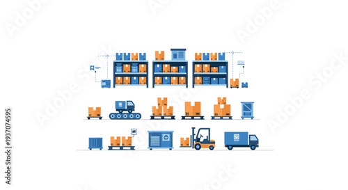 A detailed warehouse interior with shelves, boxes, and vehicles.
