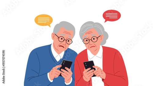 Concerned elderly man and woman wearing glasses and looking confused at their smartphones with orange and red speech bubbles.