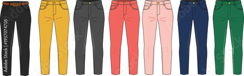 Flat Vector Illustration Set of Men's and Women's Slim Fit Jeans in Various Colors Including Black Yellow Grey Pink and Navy