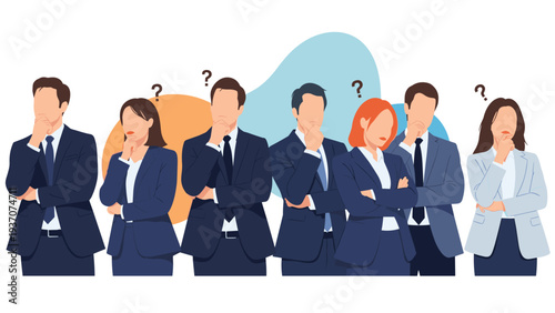Diverse group of business professionals in suits looking confused and thoughtful with question marks representing problem solving.