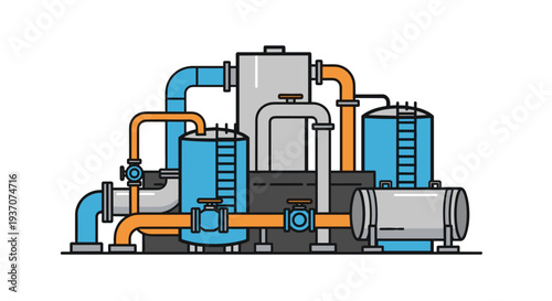 A colorful illustration of an industrial water treatment plant with tanks and pipes.