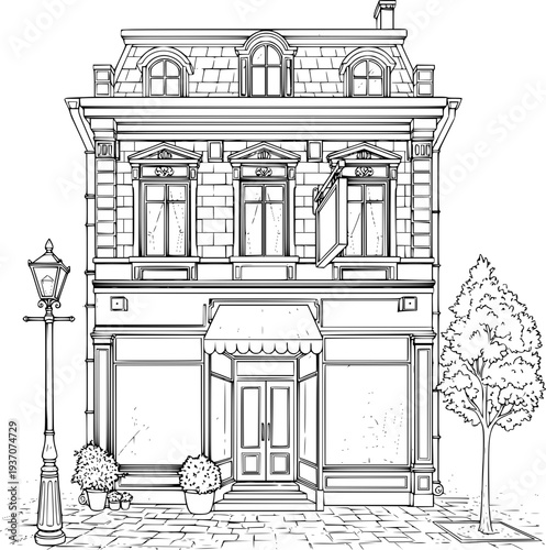 Vintage black and white sketch illustration of an ancient Greek temple on a Mediterranean island and an old European house on a historic city street featuring classic urban architecture design
