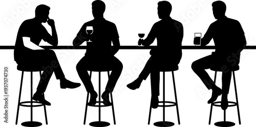 Men sitting at bar counter drinking beverages and socializing silhouettes set, pub lifestyle flat vector illustration