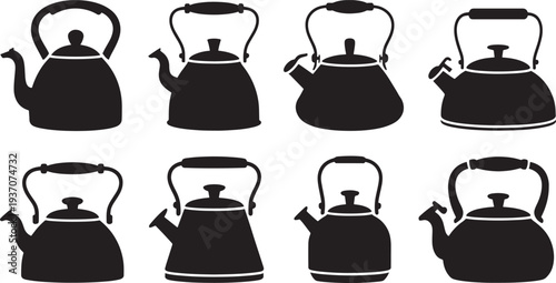 Black and white kettle in various styles and silhouette handle