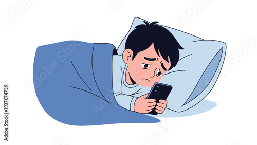 Sad boy lying in bed at night looking at his smartphone screen highlighting sleep deprivation and digital screen addiction issues.