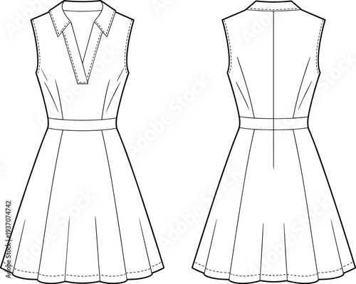 A Line V Neck Dress with Belted Waist and Flared Skirt Technical