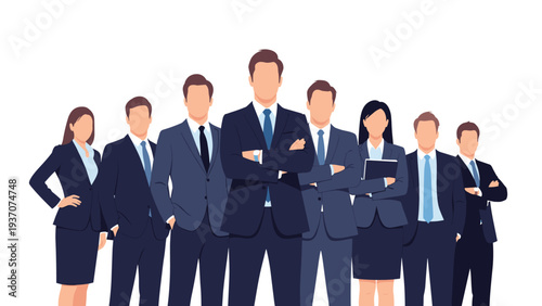 Professional business team in formal suits standing confidently together representing corporate leadership and successful collaborative work.