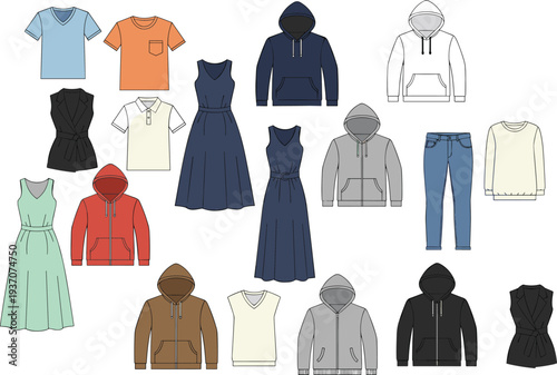 Flat Vector Illustration Set of Casual Everyday Clothing Featuring Hoodies Zip-Up Jackets T-Shirts Polo Shirts and Summer Maxi Dresses