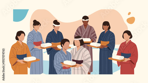 Group of staff in traditional Japanese attire holding towels on trays welcoming guests to a traditional ryokan or onsen bath.