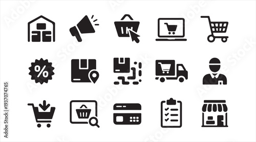 Supply chain and ecommerce service icon set for shipping storage and shopping systems