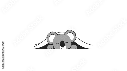 Adorable cartoon koala sleeping peacefully under a white blanket in a minimalist and clean illustration style.
