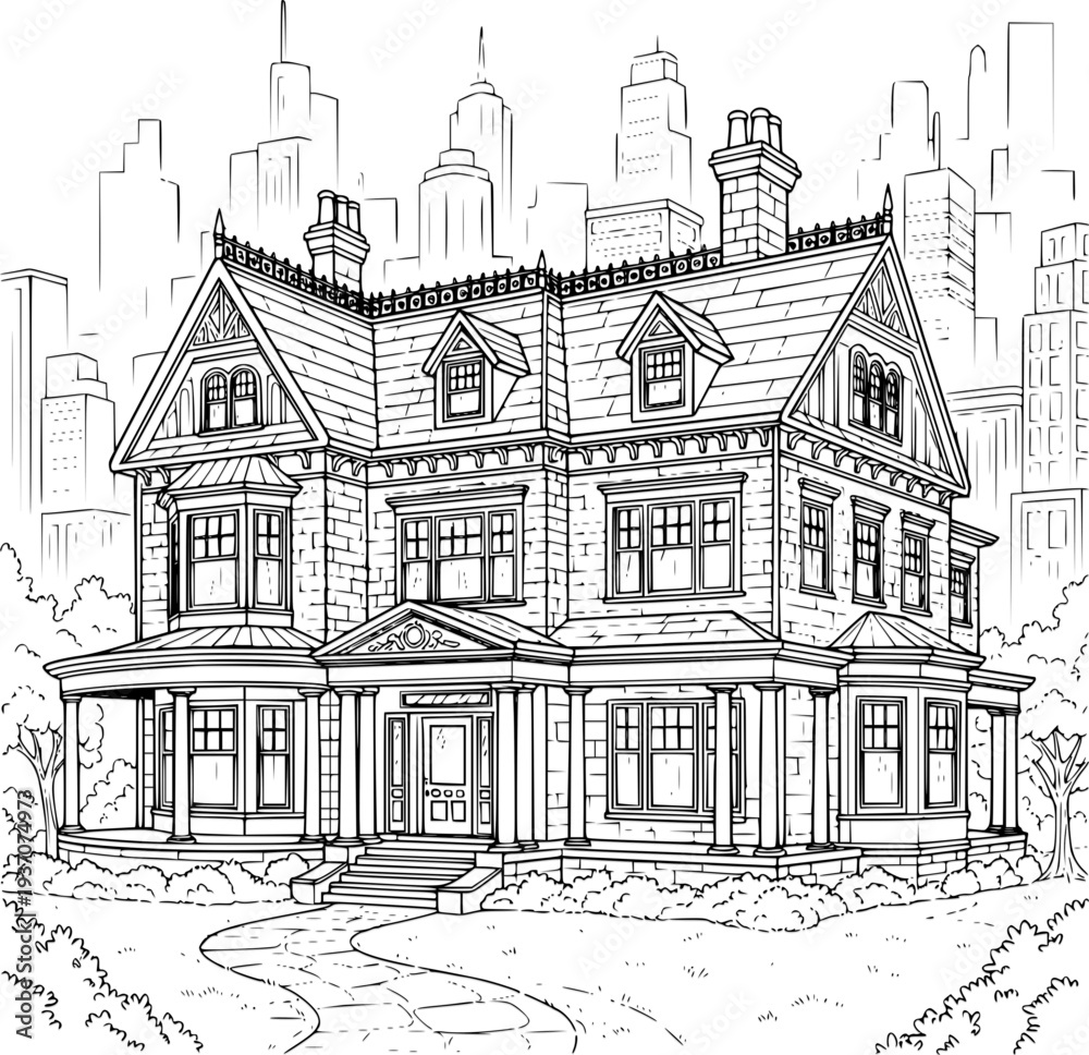 Obraz premium Vintage black and white vector illustration of a sketch of the old town of London featuring historic architecture and a cathedral in a European city landscape