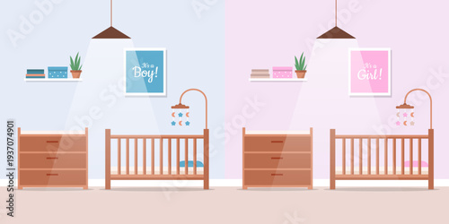 Set baby room pink for girl and blue for boy. Baby crib concept. Vector stock