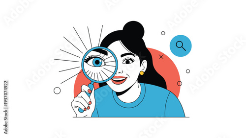 Happy woman looking through a magnifying glass symbolizing discovery research and detail oriented investigation in business.