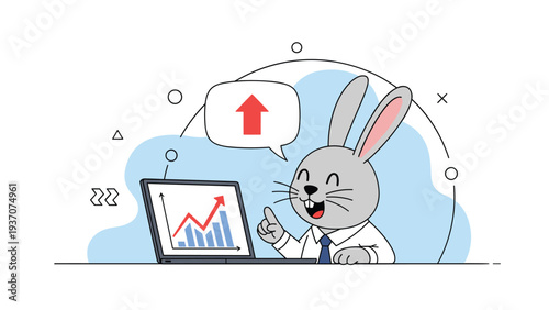 Successful business rabbit character using a laptop with a growth chart showing financial success and profit increase.