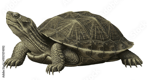 Large snapping turtle side view with detailed shell and scaly skin on white background