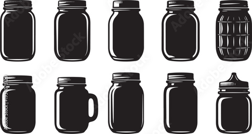 Black and white mason jars with different lids and handles glass jar silhouette outline
