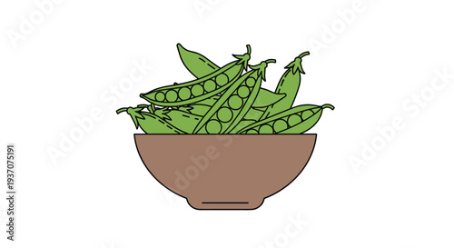 Brown wooden bowl filled with green pea pods, some open.