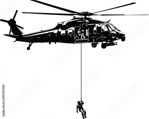 Black silhouette of a military rescue helicopter with a soldier rappelling down a rope isolated on a white background.