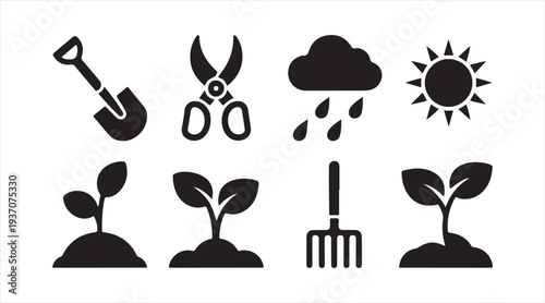 Minimal garden care icon set with shovel rake sun rain and plant seedlings