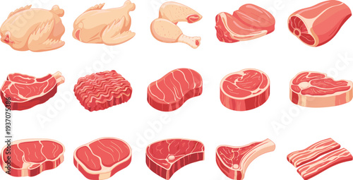 Various cuts of raw meat including chicken, beef, and bacon arranged in a grid pattern with different shapes and colors