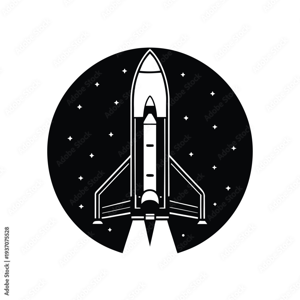 Obraz premium Space shuttle launching into a starry night sky within a circular frame, vector art.