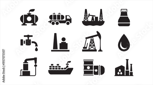 Petroleum energy production icon set with pumpjack tanker and refinery symbols
