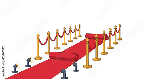 An unrolling red carpet is flanked by golden stanchions and red velvet ropes.