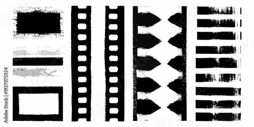 Abstract arrangement of filmstrip shapes and black and white blocks
