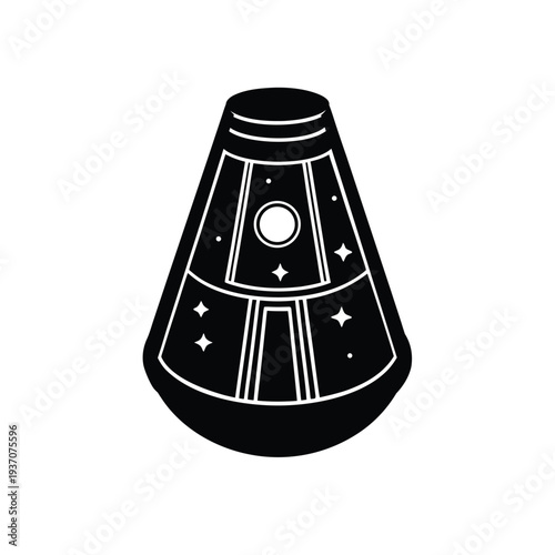 Simple black silhouette icon of a futuristic space capsule with stars and windows.