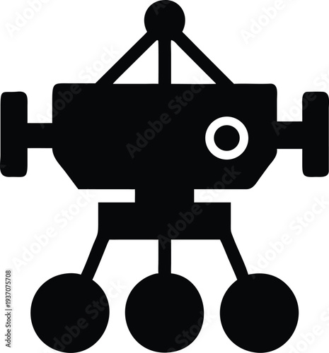 Stylized icon of a space probe with multiple sensors and wheels for planetary exploration.