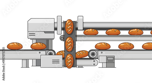 An automated bread production line features loaves on multiple conveyor belts.