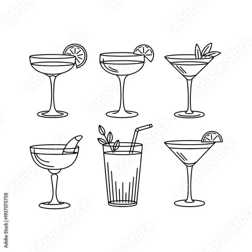 Cocktail vector illustration set with various glasses and garnishes