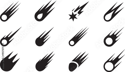 Black and white of meteors and shooting stars with different tail shapes and a starburst