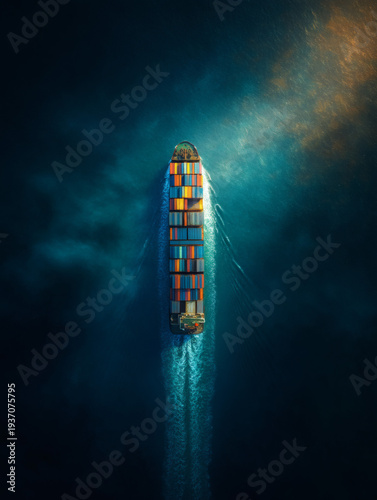 top down cargo ship in dark ocean water, dramatic contrast between colorful containers and deep sea, centered vessel composition, long wake line, cinematic natural lighting, minimalistic ocean 