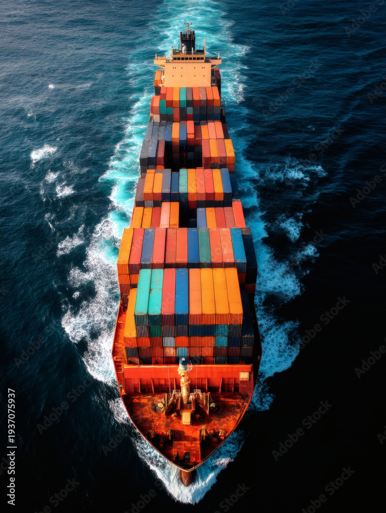 Fototapeta premium top down cargo ship in dark ocean water, dramatic contrast between colorful containers and deep sea, centered vessel composition, long wake line, cinematic natural lighting, minimalistic ocean 